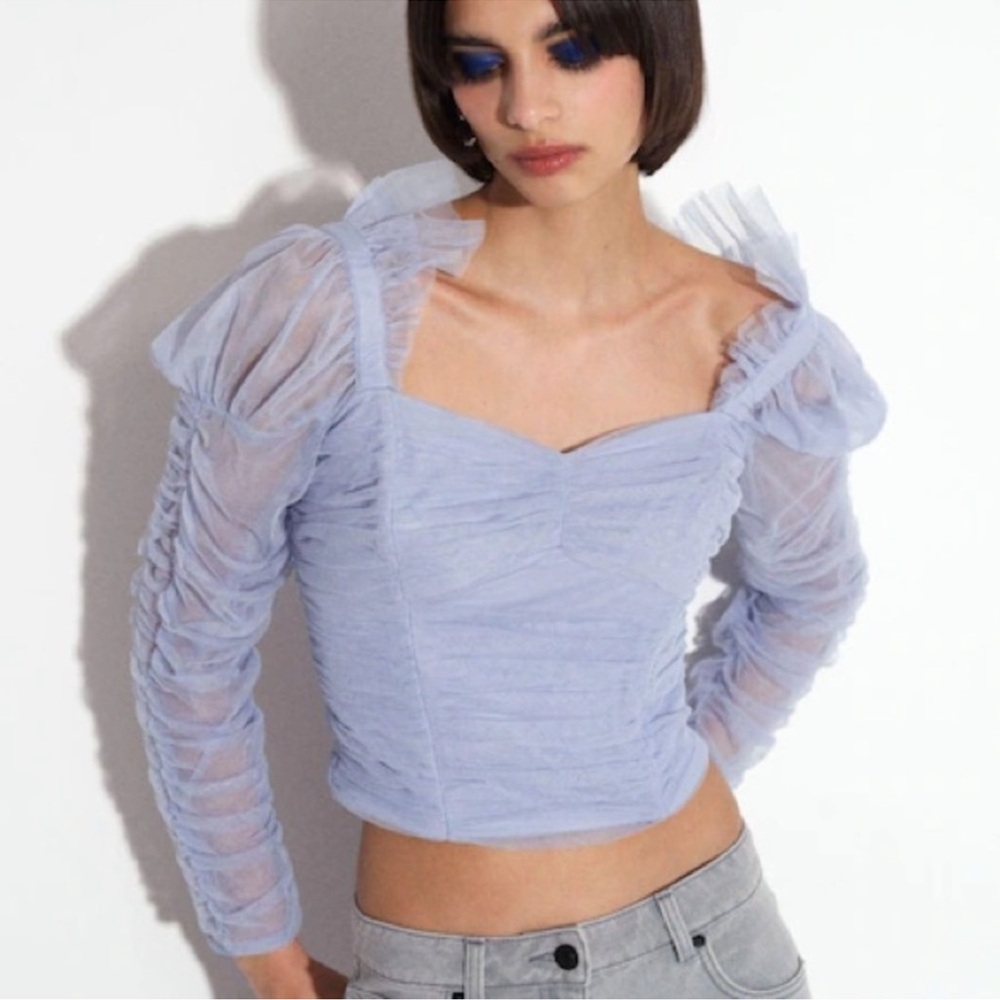 French Connection‎ Edrea Tulle Top NWT size 12 in Cosmic Sky Sheer Cropped - Picture 14 of 14